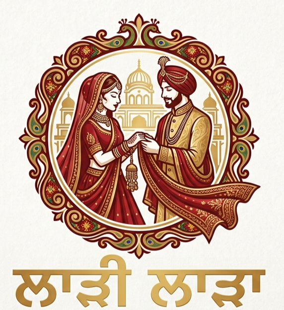 A bride and groom exchanging vows, framed in a traditional gold and maroon medallion